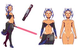 alien alien_girl blue_eyes blue_hair boots character_sheet dave_cheung facial_tattoo female female_only hana_(star_wars) high_heel_boots jedi lace lightsaber midriff navel nipples original_character pants red_lightsaber sarong shrug_(clothing) sith small_breasts solo solo_female star_wars tentacle_hair thigh_boots thigh_gap togruta