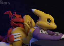 2019 3d anal anthro ass bacn bent_over black_sclera blue_eyes breasts canid canine digimon digimon_(species) duo female fur guilmon happy happy_sex licking male mammal nude open_mouth oral renamon renamon_(bacn) rimming scalie sex simple_background smile straight surprise tongue tongue_out