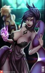 2girls areolae artist_name big_breasts breasts cleavage clothing female female_only hair kayle league_of_legends lingerie long_hair lord_dominik morgana multiple_girls nipples panties purple_eyes tentacle video_games watermark