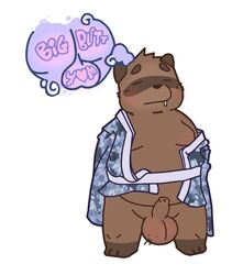 2011 anthro ass balls belly blush brown_fur canid canine closed_eyes clothing english_text erection fur humanoid_penis male male_only mammal overweight overweight_male penis raccoon_dog robe simple_background solo tanuki tehweenus text white_background