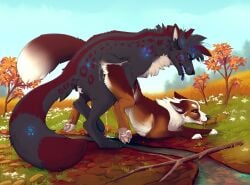 2023 4_toes ambiguous_penetration anthro ashley_(ashleyboi) ass_up autumn_leaves back_markings bioluminescence black_body black_fur black_inner_ear_fluff black_nose black_sclera blue_eyes blue_markings bodily_fluids brown_body brown_ears brown_fur canid canine canis claws countershade_torso countershading cum cum_drip cum_inside cum_on_ground day detailed_background digital_media_(artwork) dipstick_ears dipstick_tail domestic_dog dripping duo ear_markings facial_markings feet female female_feral feral feral_on_feral fingerless_(marking) from_behind_position fur genital_fluids glowing glowing_markings grass head_horn head_markings hi_res horn inner_ear_fluff leopard_spots long_tail male male/female male_feral mammal mane markings mottled mottled_body mottled_fur mounting multicolored_ears nature outside outside_sex pawpads paws penetration penile penile_penetration penis plant red_body red_ear_tips red_eyes red_fur red_markings red_spots red_tail_tip sakemanni saliva saliva_drip sex sky small_horn spots stick striped_back striped_body striped_fur striped_markings stripes tail tail_markings toe_claws toeless_(marking) toes tongue tongue_out torian_(theblackrook) tuft white_body white_countershading white_fur white_inner_ear_fluff white_tail_tip white_toes