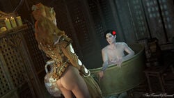 2girls 3d anna_henrietta areolae ass bath black_hair blonde_hair breasts cd_projekt_red female female_only flower_in_hair looking_at_partner nipples partially_clothed rose sisters syanna the_witcher_(series) the_witcher_3:_wild_hunt thetowerofzireael