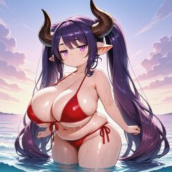absurdly_long_hair ai_generated belly breasts draph draph_race_(granblue_fantasy) female front-tie_bikini_top front-tie_top huge_breasts jitome johndoe689 long_pointy_ears navel ocean original plump purple_eyes purple_hair red_bikini self_upload shortstack side-tie_bikini side-tie_bikini_bottom solo twintails wading wet wide_hips