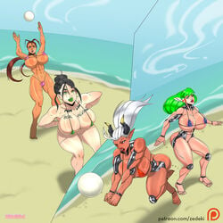 4girls abs big_breasts bikini black_hair breasts cleavage clothing green_hair hair large_penis mombot multiple_girls muscular muscular_female robot robot_girl volleyball white_hair zedeki