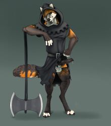 2017 animal_genitalia animal_penis anthro axe balls battle_axe black_body black_fur bodily_fluids bottomwear canid canine canine_genitalia canine_penis clothed clothing dripping erection fishnet_clothing fishnet_leggings fishnet_legwear fox fur furgonomic_headwear furgonomic_hood furgonomics genital_fluids genitals hi_res homogenousrule hood knot knotted_penis leggings legwear male mammal open_mouth open_smile orange_body orange_fur penis precum precum_drip raised_bottomwear raised_clothing robe saerro sheath simple_background smile solo standing teeth whiskers white_body white_fur