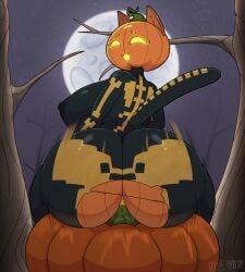 anthro ass big_butt biped breasts felid feline female for_a_head fortnite fortnite:_battle_royale halloween hexami hi_res huge_butt improvised_sex_toy looking_at_viewer looking_back mammal masturbation moon night object_head outside penetration plant pumpkin_head sitting solo spice_(fortnite) tail thick_thighs tree