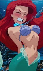 1girls accurate_art_style ai_generated angry ariel ariel_(the_little_mermaid) arms_behind_back belly blush bondage breasts captured chain_leash chains closed_eyes disney disney_princess female gritted_teeth large_breasts merfolk mermaid metal_collar midriff navel red_hair restrained round_breasts seashell_bra solo struggling struggling_prey the_little_mermaid underwater