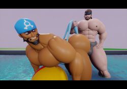 3d_(artwork) annoyed archie_(pokemon) bandana bara beach_ball beard black_bars boner boner_in_pants boner_in_underwear buff buff_male dreams facial_hair gay gay_male headband looking_back metal_gear_solid mgsnsfw muscular muscular_male pokemon pool smirk smirking solid_snake underwear wedgie wedgie_fetish yaoi