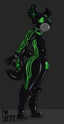 bodysuit bondage boots bound bulge chastity_bulge chastity_device clothing doll drone femboy footwear gas_mask hazmat hi_res hood hyena latex lock locked male mammal mask null null_bulge rubberjett rubbersolutions shoes skinsuit tight_clothing