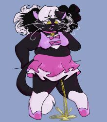amputee anthro bell bell_collar black_body black_fur bodily_fluids bottomwear clothed clothing clothing_bow collar crop_top curly_hair disability domestic_cat embarrassed felid feline felis female footwear fur genital_fluids hair hi_res lonely_space_egg long_tail mammal markings missing_arm no_underwear omorashi peeing pink_clothing pink_nose shirt shoes skirt slightly_chubby solo tail topwear urine urine_stream watersports whiskers white_markings