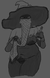 anthro areola bear big_areola big_breasts bottomless breasts clothed clothing female genitals hat headgear headwear jewelry mammal obscured_face poncho potion pubes pussy scarf solo stretch_marks vulva warprat witch_hat