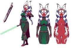 alien alien_girl belinda_taas blue_hair breasts character_sheet clothing dave_cheung detached_sleeves dress elbow_gloves facial_tattoo female female_only green_dress green_lightsaber jedi jedi_master kneehighs lightsaber long_hair medium_breasts nipples original_character pants pussy red_nipples red_skin smile solo solo_female star_wars tentacle_hair thigh_gap toeless_legwear toes togruta white_hair