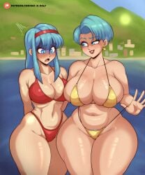 2girls aged_up arms_behind_back big_breasts bikini blue_eyes blue_hair blush bra_(dragon_ball) bra_briefs breast_awe breast_envy breasts bulma bulma_(dragon_ball) bulma_briefs bulma_briefs_(gt_saga) daf_n_half dragon_ball dragon_ball_gt dragon_ball_super dragon_ball_z earrings embarrassed eyelashes feet_out_of_frame female female_focus female_pubic_hair freckles freckles_on_breasts grin half-closed_eye hand_up huge_breasts jewelry large_breasts lipstick long_hair looking_at_another looking_to_the_side makeup mature_female mother_and_daughter multiple_females multiple_girls navel open_mouth outdoors pubic_hair pubic_hair_peek red_bikini red_lips scared short_hair smile smug standing surprised swimsuit teeth thick_thighs thighs turn_pale wide_hips yellow_bikini