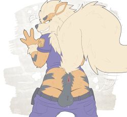 anthro anus arcanine ass backsack balls black_balls black_body black_fur bottomwear bottomwear_down canid canine claws clothed clothing fan_character finger_claws fingers fur generation_1_pokemon genitals graedius_(artist) grin male nintendo orange_body orange_butt orange_fur pants pants_down partially_clothed perineum pokemon pokemon_(species) presenting presenting_hindquarters raised_tail smile solo solo_male tail teeth