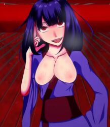 bite breasts breasts_out edit edited ell182a_(masa_works_design) emi_(kitsune_no_hanashi) eyes_rolling_back female hand_on_head horny horny_face horny_female japanese_clothes kimono masa_works_design moondaliy nipples oni_to_kitsune_no_hanashi open_mouth pink_lips purple_clothing purple_hair red_background red_eyes smile smiley_face