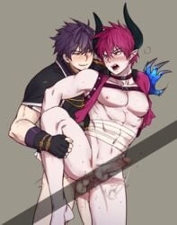 2boys anal ass_juice bandage barefoot blush bottomless cum cumdrip demon erection feet grandchase horns leg_lift multiple_boys nipples open_mouth pecs penetration penis pink_hair saliva sex smile steam sweat testicles thrusting toes yaoi