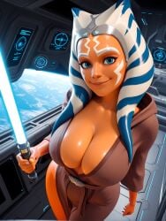 absurd_res ahsoka_tano ai_generated ass blue_eyes blue_hair blue_lightsaber breasts clone_wars curvy curvy_body curvy_female curvy_figure fat_ass female female_only from_above front_view fully_clothed fully_clothed_female fully_dressed hi_res high_resolution highres huge_ass huge_breasts legs lightsaber looking_at_viewer orange_body orange_skin patreon pein shiny_skin smile smiling smiling_at_viewer standing star_wars star_wars_rebels thick_thigs thigs watermark white_hair