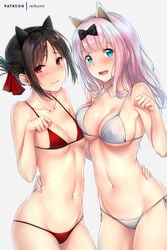 2girls bikini black_hair blue_eyes blush bow_tie breast_press cat_ears female_only fujiwara_chika human human_only kaguya-sama_wa_kokurasetai_~tensai-tachi_no_renai_zunousen~ large_breasts long_hair multiple_girls pink_hair red_eyes rei_kun shinomiya_kaguya short_hair small_breasts white_background