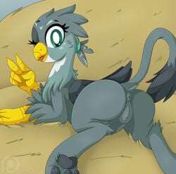 2019 anus ass avian eyelashes female feral friendship_is_magic gabby_(mlp) gryphon hi_res hindpaw looking_at_viewer lying my_little_pony on_front one_eye_closed patreon pawpads paws pearlyiridescence pussy solo tongue tongue_out url v_sign wings wink