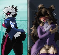 anthro behind_wall breast_grab breasts cigarette diamond_grenadier duo female finger_fuck fingering fingering_self galarian_form galarian_zigzagoon generation_3_pokemon generation_8_pokemon hand_on_breast hex_maniac hi_res looking_back masturbation nintendo pokemon pokemon_(species) pussy regional_form_(pokemon) self_grope smoking smoking_cigarette standing_masturbation vaginal_penetration zigzagoon