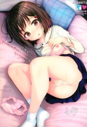 after_anal after_sex after_vaginal anus areolae ass black_hair blush bra bra_pull breasts condom cum cum_on_body cum_on_lower_body feet female female kisaragi_miyu long_sleeves lying masturbation nipples no_panties no_shoes nose_blush on_side original panties panties_removed pillow scan small_breasts socks solo stain striped striped_panties underwear white_legwear