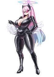 arm_up black_bodysuit blue_archive bodysuit cleavage curvy full_body hand_on_hip huge_breasts hyper_hips linear_71 mika_(blue_archive) phantom_thief_suit plump shades signature thick_thighs voluptuous wide_hips