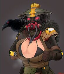 2d ambiguous_gender apex_legends bloodhound_(apex_legends) bra breasts clothed crow gas_mask gloves glowing_eyes hat shadman showing_breasts steam steamy_breasts