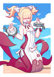 1boy 1demon bangs bangs_over_eyes bdone blonde_hair blunt_bangs blush blushing clergy_(disgaea) clothed clothed_femboy clothed_male clothing crotch_cutout day daytime demon demon_boy demon_femboy disgaea disgaea_5 erect_nipples erect_penis erection femboy girly hair hair_over_eye kneeling light-skinned light-skinned_femboy light-skinned_male male male_healer_(disgaea) male_only nipples nipples_out nippon_ichi_software penis pointy_ears solo solo_femboy solo_male trap video_games