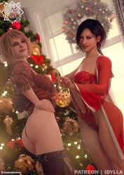 2girls 3d ada_wong ada_wong_(adriana) ashley_graham ashley_graham_(ella_freya) busty capcom christmas christmas_outfit christmas_tree female female_focus female_only hourglass_figure idylla nude nude_female nudity resident_evil resident_evil_4 resident_evil_4_remake tagme wide_hips