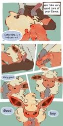 anus bottomwear clothed clothing comic duo eeveelution english_text erection fellatio feral flareon floofyskydraws gay generation_1_pokemon genitals hi_res holding_penis human interspecies kneeling licking looking_at_genitalia looking_at_penis male male/male mammal nintendo open_bottomwear open_clothing open_pants oral pants penile penis penis_lick pokemon pokemon_(species) pokephilia rear_view sex simple_background sitting text tongue