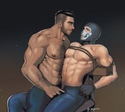 2boys areyouhun balaclava bara bara_tiddies bara_tits barazoku bondage call_of_duty call_of_duty:_modern_warfare_2 eye_contact gay hairy_chest hairy_male john_mactavish looking_at_partner male male/male male_focus male_only masked_male muscular_male no_visible_genitalia pinup restrained restrained_arms restraints rope rope_bondage ropes shirtless simon_riley suggestive tied_to_chair yaoi