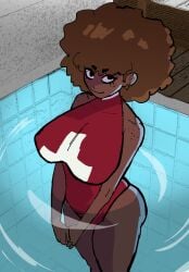 1girls ass bathing_suit big_ass big_breasts breasts cassandra_(dabbledraws) dark-skinned_female dark_skin earrings female female_focus female_only freckles happy happy_female hentae(artist) lifeguard looking_at_viewer looking_up_at_viewer original_character pool smile smiling smiling_at_viewer solo solo_female solo_focus swimsuit