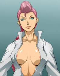 areola baanin breasts capcom crimson_viper erect_nipples female female_only green_eyes human miyabi_maou open_clothes open_shirt pink_hair pompadour shirt solo straight_hair street_fighter street_fighter_iv sweat