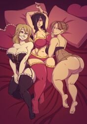 3girls 3milfs amelia_medici bed bedroom bedroom_eyes big_breasts cerealharem_(artist) curvy large_breasts lingerie mature_female milf multiple_girls nightwear queen queen_nancy royalty seductive selene_contiello skullgirls tagme wide_hips