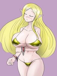 big_breasts bikini blonde_hair breasts cleric_(disgaea) disgaea elf_ears hips huge_breasts large_breasts long_hair nippon_ichi_software nori_(pixiv4205971) pointy_ears simple_background solo solo_female string_bikini swimsuit wide_hips