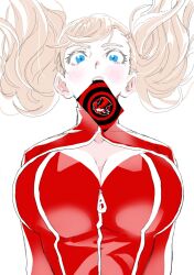 ann_takamaki big_breasts blonde_hair blue_eyes bodysuit breasts_bigger_than_head calling_card card clothing female from_below huge_breasts human pale_skin persona persona_5 phantom_thief_suit tight_clothing twintails