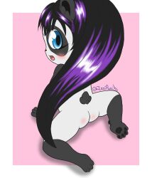 anthro ass bear black_and_white_fur black_hair blue_eyes blush female giant_panda hair hi_res highlights_(coloring) humanoid izzipurrito looking_at_viewer looking_back mammal markings nude pawpads rear_view short_tail tail tassels ych_(character)