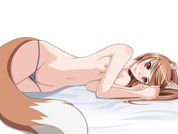 1girls animal_ears blush breasts brown_hair chiro_(tachibana) female holo looking_at_viewer lowleg lowleg_panties lying moon_cat mound_of_venus navel nipples on_side panties red_eyes red_hair small_breasts smile solo spice_and_wolf tail topless underwear wallpaper