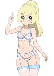 1girls blonde_hair blonde_hair_female breasts female green_eyes lillie_(pokemon) mnkr98 pale-skinned_female pale_skin pinup pokemon pokemon_sm small_breasts solo stockings thighs white_lingerie white_stockings wide_hips