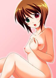 breasts brown_hair color female heterochromia navel nipples nude open_mouth rozen_maiden short_hair sitting solo souseiseki