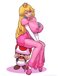 1boy 1girls big_ass big_breasts blonde_hair blue_eyes breasts busty casual clothed clothing crown dress earrings elbow_gloves erect_nipples female female_focus fully_clothed high_heels hourglass_figure human_chair large_breasts long_hair male mario_(series) nintendo nipple_bulge nipples_visible_through_clothing no_bra pink_dress platform_heels princess_peach simple_background sitting sitting_on_head sitting_on_person tagme taller_girl teasing theofficialpit tight_clothing toad_(mario) white_background wide_hips