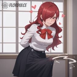 ai_generated bending_forward biting_lip cum cumming cumshot ejaculation erect_penis erection erection_under_clothes erection_under_clothing erection_under_skirt flordulce futanari hands_behind_back heart indoors mitsuru_kirijo orgasm penis persona persona_3 red_eyes red_hair school_uniform seductive seductive_look skirt standing uniform