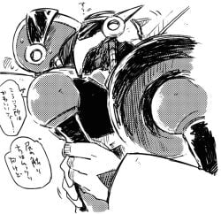 2boys 2d 2d_artwork android android_boy bike_helmet black_and_white cuddling dialogue gay helmet holding_onto_partner intimate japanese_text looking_up male male/male male_only masked mega_man mega_man(classic) mega_man_10 mega_man_7 monochrome nitro_man no_visible_genitalia robot robot_boy robot_on_robot speech_bubble sweat sweating translation_request turbo_man visor yaoi はまき_(artist)