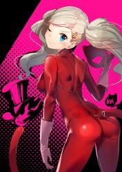 10s ann_takamaki ass blonde_hair blue_eyes bodycon bodysuit cat_tail clothing commentary_request female from_behind gloves hair_ornament highres human long_hair looking_at_viewer looking_back mask one_eye_closed pale_skin persona persona_5 phantom_thief_suit red_bodysuit smile solo tail twintails unworn_mask white_gloves yamacchi