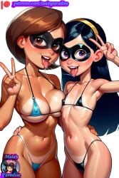 1milf 2girls after_kiss ai_generated armpits big_breasts black_hair blush breast_breast breast_press brown_eyes brown_hair curvy curvy_body curvy_female curvy_figure domino_mask elastigirl female female/female female_only flat_chest hairband hand_on_hip happy helen_parr incest lesbian lesbian_kiss looking_at_viewer maia's_paradise mask micro_bikini mommy mother_and_daughter peace_sign purple_eyes saliva saliva_drip saliva_on_tongue saliva_string saliva_trail small_breasts string_bikini tan tan_body tanline tanlines tanned the_incredibles v_sign violet_parr white_background yuri