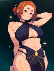 1girls ai_generated belly belly_button brown_eyes brown_hair cleavage closed_mouth criss-cross_halter halterneck jewelry kaii_to_otome_to_kamikakushi large_breasts losforry_custom revealing_clothes smile sumireko_ogawa thick_thighs tied_hair wide_hips yomorio_lingerie