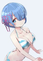 10s bare_shoulders bikini blue_eyes blue_hair blush breasts cleavage closed_mouth collarbone eyes_visible_through_hair female grey_background hair_ornament hair_over_one_eye hair_ribbon halterneck highres large_breasts looking_at_viewer re:zero_kara_hajimeru_isekai_seikatsu rem_(re:zero) ribbon short_hair simple_background sketch smile solo striped_bikini striped_clothes swimsuit x_hair_ornament yamacchi