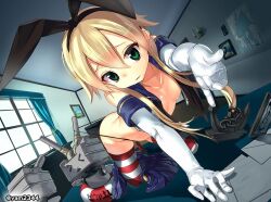 >_< 10s all_fours anchor_hair_ornament black_panties blonde_hair bow breasts closed_eyes collarbone elbow_gloves female female_only gloves green_eyes hair_between_eyes hair_ornament hair_ribbon hairbow kantai_collection lifebuoy long_hair looking_at_viewer outstretched_hand panties pleated_skirt rensouhou-chan ribbon shimakaze_(kantai_collection) sidelocks skirt skirt_around_one_leg small_breasts solo solo_female striped_clothes striped_thighhighs swim_ring thighhighs thong underwear white_gloves yam2344 yamacchi