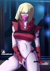 background blonde_hair bob_cut cigarette city_background cropped_jacket cyberpunk:_edgerunners cyberpunk_2077 expressionless female female_focus female_only female_pubic_hair fingering fingering_self kiwi_(edgerunners) looking_at_viewer mask masturbation navel pale_skin panties red_clothing red_eyes self_upload short_hair simple_background simple_shading sitting sloram smoking smoking_cigarette string_panties tagme unamused yellow_sclera