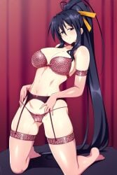 1girls akeno_himejima black_hair bra breasts female female_only garter_belt garter_straps gloves high_school_dxd large_breasts lindaroze lingerie long_ponytail looking_at_viewer ponytail smile stockings thong young younger_female